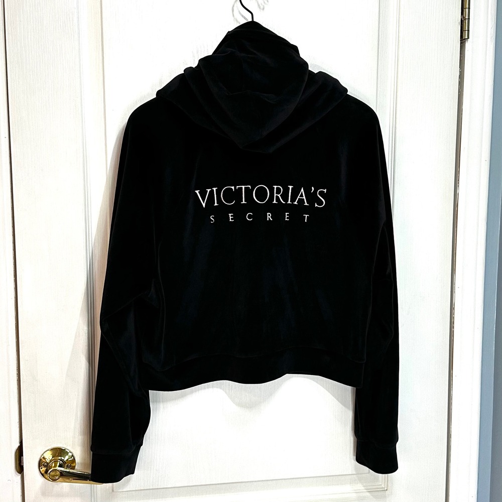 Victorias Secret Black Velour Full Zip Hoodie Logo Back Cropped Jacket Medium